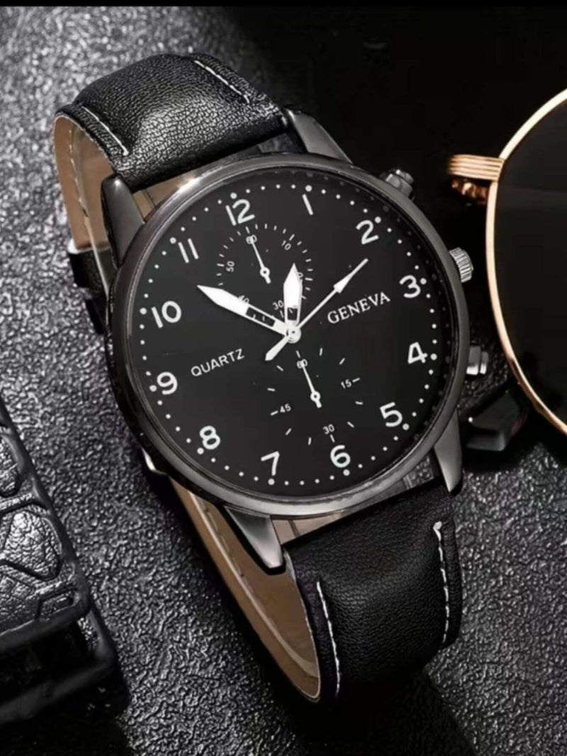 جنيفا ساعة يد رجالية أنيقة بسوار جلدي باللون الأسود مع 4 أساور متناسقة – تصميم عصري كلاسيكي مناسب لجميع المناسبات - Image 3