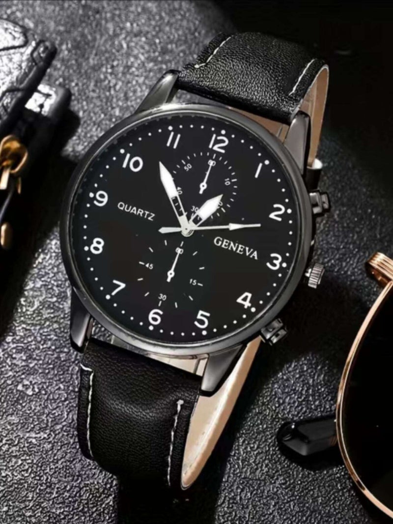 جنيفا ساعة يد رجالية أنيقة بسوار جلدي باللون الأسود مع 4 أساور متناسقة – تصميم عصري كلاسيكي مناسب لجميع المناسبات - Image 4