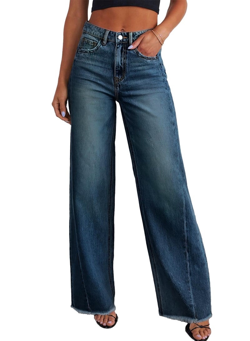 Sidefeel Women's High Waisted Baggy Jeans Stretchy Raw Hem Straight Leg Denim Pants Size 18 Vintage Blue - Image 1