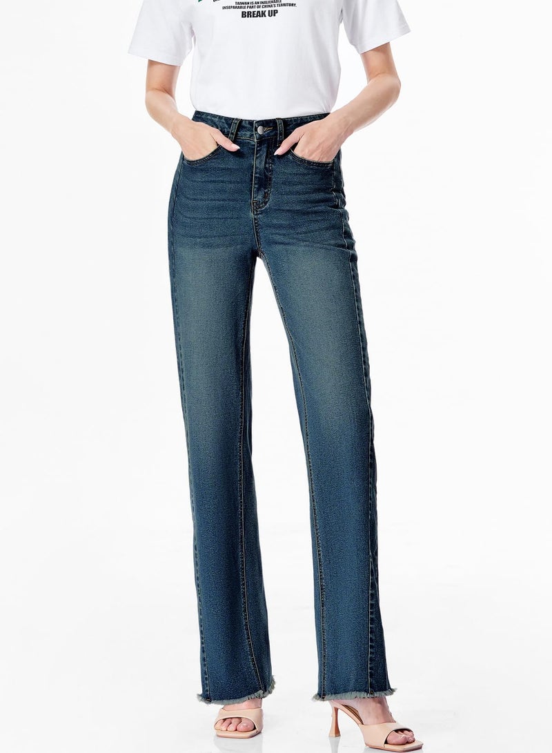 Sidefeel Women's High Waisted Baggy Jeans Stretchy Raw Hem Straight Leg Denim Pants Size 18 Vintage Blue - Image 4
