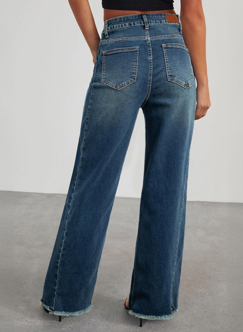 Sidefeel Women's High Waisted Baggy Jeans Stretchy Raw Hem Straight Leg Denim Pants Size 18 Vintage Blue - Image 2