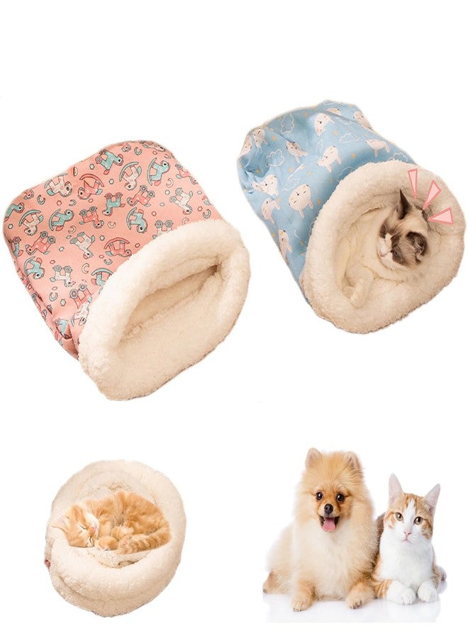 Petschee 2pcs Winter Cat Sleeping Bag, Portable Warm Feline Bed,Warming, Soft Plush Cat Cave Bed Self-Sack for Indoor Cats Small Dogs 1-10kg（Pink&Blue,19.7x17.7in） - Image 1