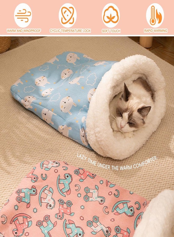 Petschee 2pcs Winter Cat Sleeping Bag, Portable Warm Feline Bed,Warming, Soft Plush Cat Cave Bed Self-Sack for Indoor Cats Small Dogs 1-10kg（Pink&Blue,19.7x17.7in） - Image 3