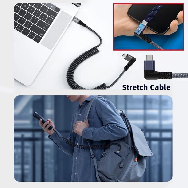 Azonee USB C Cable Right Angle, Stretch Coiled USB-C USB4 Cable 20Gbps 100W 8K Type-C Right Angled Male to Male Cable Power & Data for Laptop Keyboard Tablet - Image 2