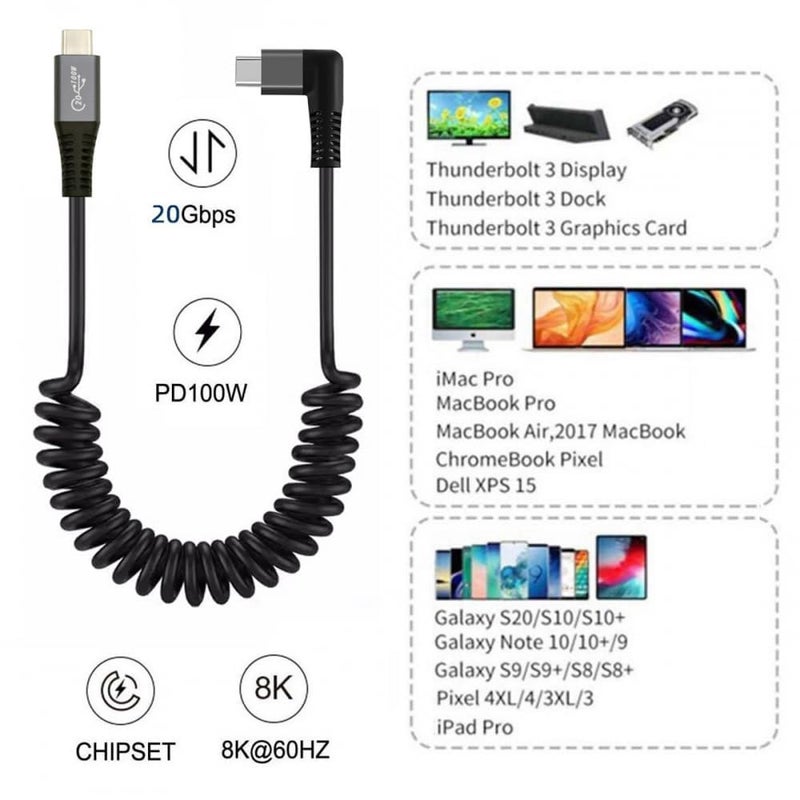 Azonee USB C Cable Right Angle, Stretch Coiled USB-C USB4 Cable 20Gbps 100W 8K Type-C Right Angled Male to Male Cable Power & Data for Laptop Keyboard Tablet - Image 4