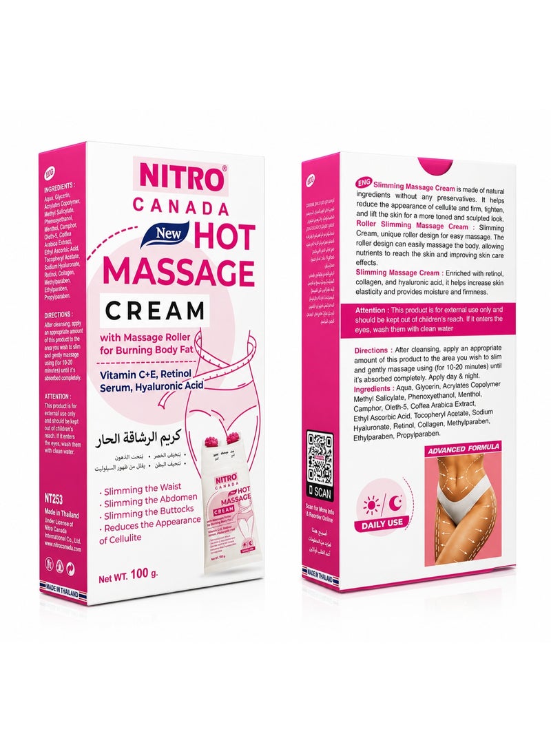 NITRO Canada Hot Massage Cream with Massage Roller, Body Firming & Slimming, Retinol Collagen Hyaluronic Acid, 100g - Image 1