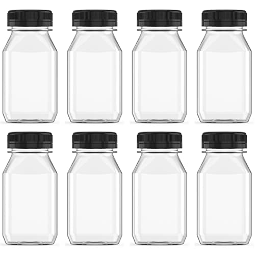 Hulless 8 Pcs 8 Ounce Plastic Juice Bottle Drink Containers Juicing Bottles with Black Lids, Suitable for Juice, Smoothies, Milk and Homemade Beverages - Image 1