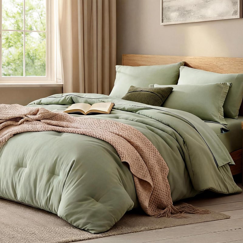 WRENSONGE Queen Comforter Set - 7 Pieces Sage Green Soft Bed in a Bag Queen with Fitted Sheet, Flat Sheet, 2 Pillow Shams, and 2 Pillowcases- Warm Bedding Sets Queen for All Season - Image 1