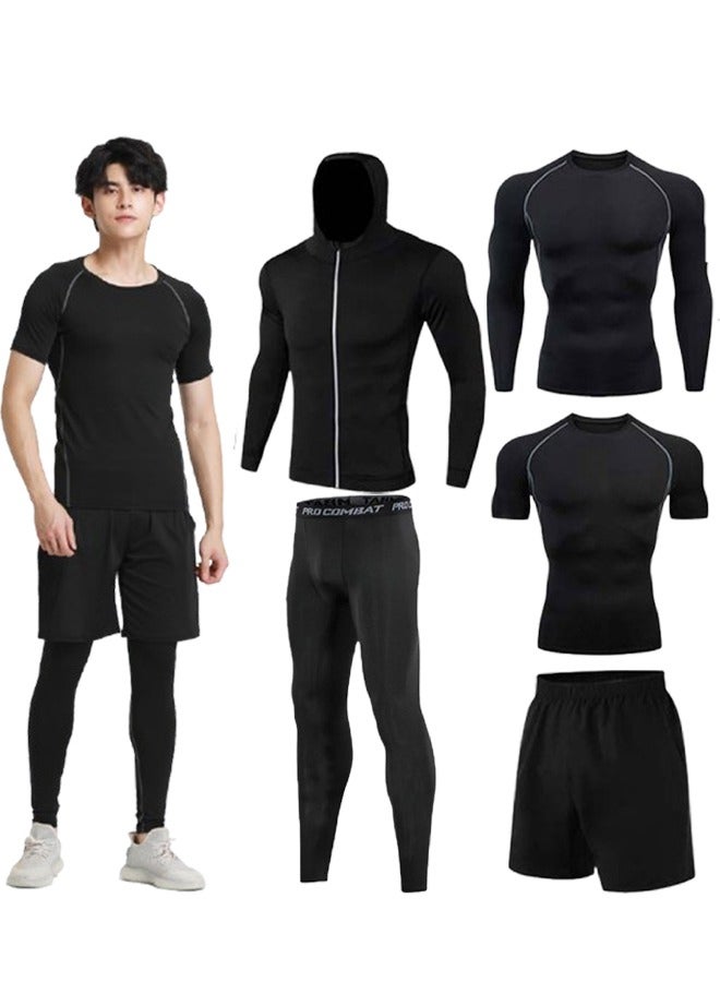 Mens 5Pcs Quick Dry Compression Sets Tops Accessories Clothes Equipment for Workout Gym Athletic Running Sport  - Image 1