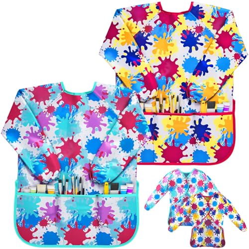 J MARK Art Smock Painting Apron Pack of 2 Long Sleeve and 2 Pockets for Arts Crafts Waterproof Artist Paint Shirt Colorful - Image 1