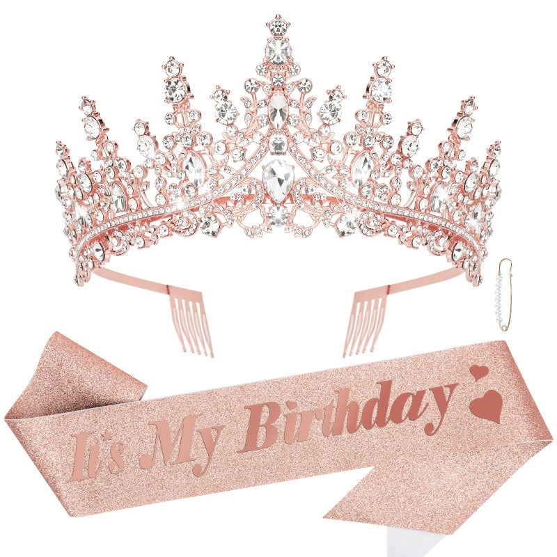 CURASA Rose Gold Birthday Sash and Crown Adult Womens Glitter Its My Birthday Tiara for Girls Party Favors Gifts