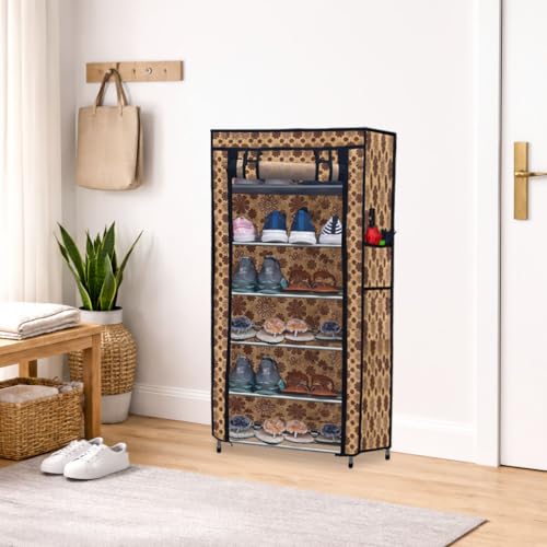 SANAMSTORE Multipurpose 6 Layer Metal Pipe with Non-Woven 100GSM Fabric Cover Shoe/Cloth/Toy/Books Rack-Flower Print - Image 1