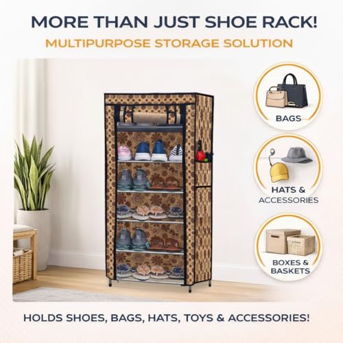 SANAMSTORE Multipurpose 6 Layer Metal Pipe with Non-Woven 100GSM Fabric Cover Shoe/Cloth/Toy/Books Rack-Flower Print - Image 2