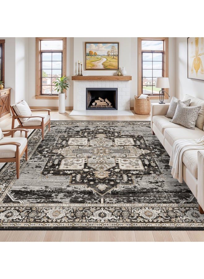RUUGME Living Room Area Rug 10' Square,Large Washable Area Rugs with Non Slip Backing Stain Resistant Carpet Indoor Soft Foldable Carpets Distressed Decoration Mat for Bedroom Dining Room 10X10 Black - Image 1