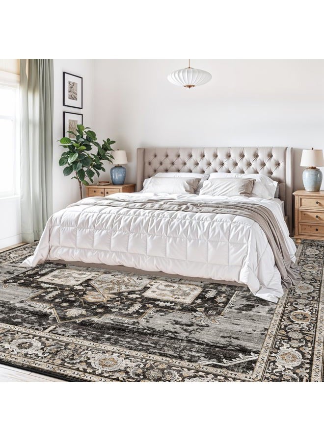 RUUGME Living Room Area Rug 10' Square,Large Washable Area Rugs with Non Slip Backing Stain Resistant Carpet Indoor Soft Foldable Carpets Distressed Decoration Mat for Bedroom Dining Room 10X10 Black - Image 2