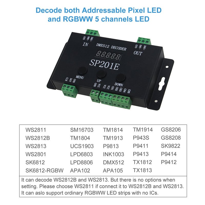 ALITOVE وحدة تحكم ديكودر DMX إلى SPI من ALITOVE WS2812B WS2811، مع 99 وضع لون، وحدة تحكم ديكودر DMX 512 RGB WW 5 قنوات لشرائط ضوء LED بيكسل SK6812 WS2801 WS2813 LP6803 8806 1903 DC5V~24V - Image 2