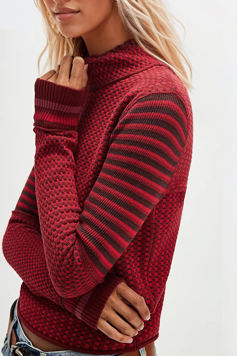 MISSACTIVER Women Casual Long Sleeve Mock Neck Plaid Sweaters Color Block Slim Fit Knitted Pullovers Tops Fall Winter 2024 Red - Image 3