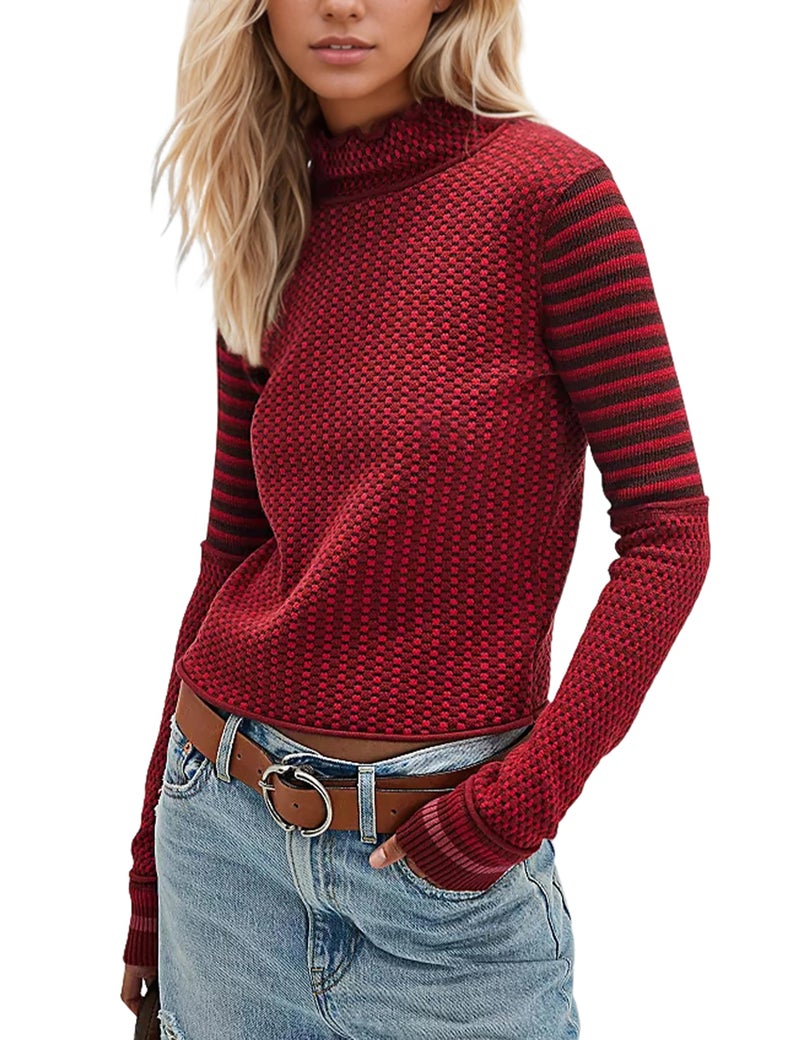 MISSACTIVER Women Casual Long Sleeve Mock Neck Plaid Sweaters Color Block Slim Fit Knitted Pullovers Tops Fall Winter 2024 Red - Image 1