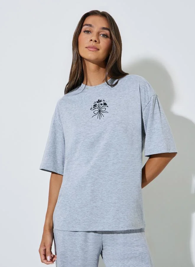 Styli  Grey Relaxed Fit T-Shirt and Wide Leg Joggers Co-ord Set for Women | Best Price UAE