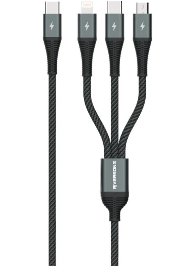 Riversong 3-in-1 Fast Charging Cable, Type-C to Micro-C, Type-C, Lightning, Braided Nylon, Ultra Durable, 1.2m, 3A Fast Charging Cable, Gray - Image 1