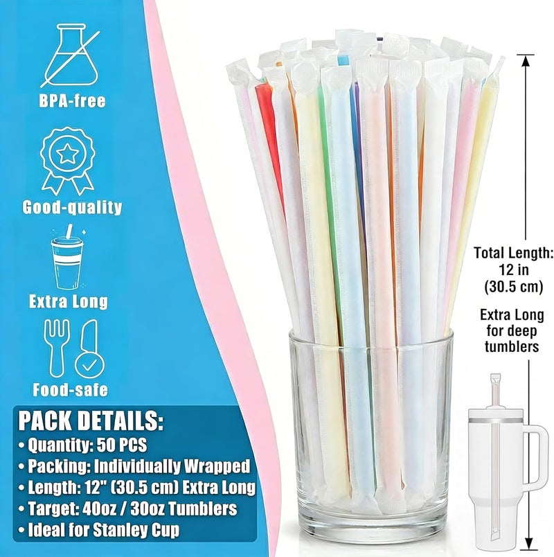 PAKCHOICE 50Pcs Colorful Disposable Straws for 40 OZ Tumbler, 12 inch Extra Long Straws Disposable for Stanley 30 Oz 40 Oz Tumbler, Straw Individually Wrapped for Tumblers, Iced Coffee, Milk, Juice, Party Use - Image 3