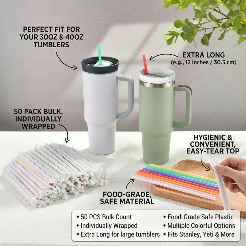 PAKCHOICE 50Pcs Colorful Disposable Straws for 40 OZ Tumbler, 12 inch Extra Long Straws Disposable for Stanley 30 Oz 40 Oz Tumbler, Straw Individually Wrapped for Tumblers, Iced Coffee, Milk, Juice, Party Use - Image 4