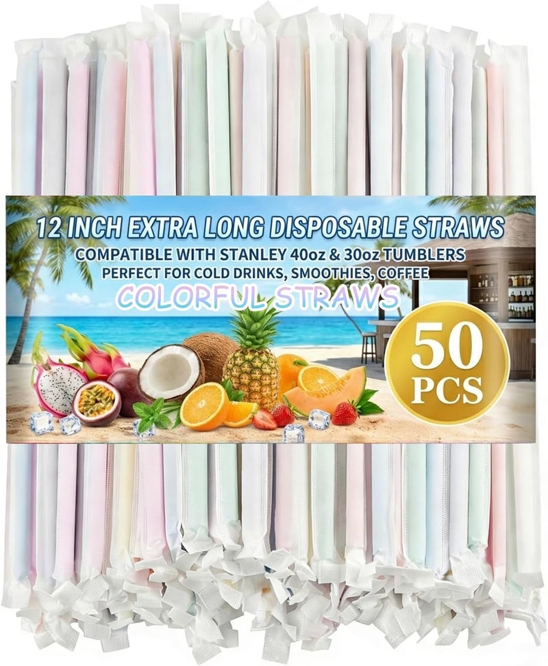 PAKCHOICE 50Pcs Colorful Disposable Straws for 40 OZ Tumbler, 12 inch Extra Long Straws Disposable for Stanley 30 Oz 40 Oz Tumbler, Straw Individually Wrapped for Tumblers, Iced Coffee, Milk, Juice, Party Use - Image 1