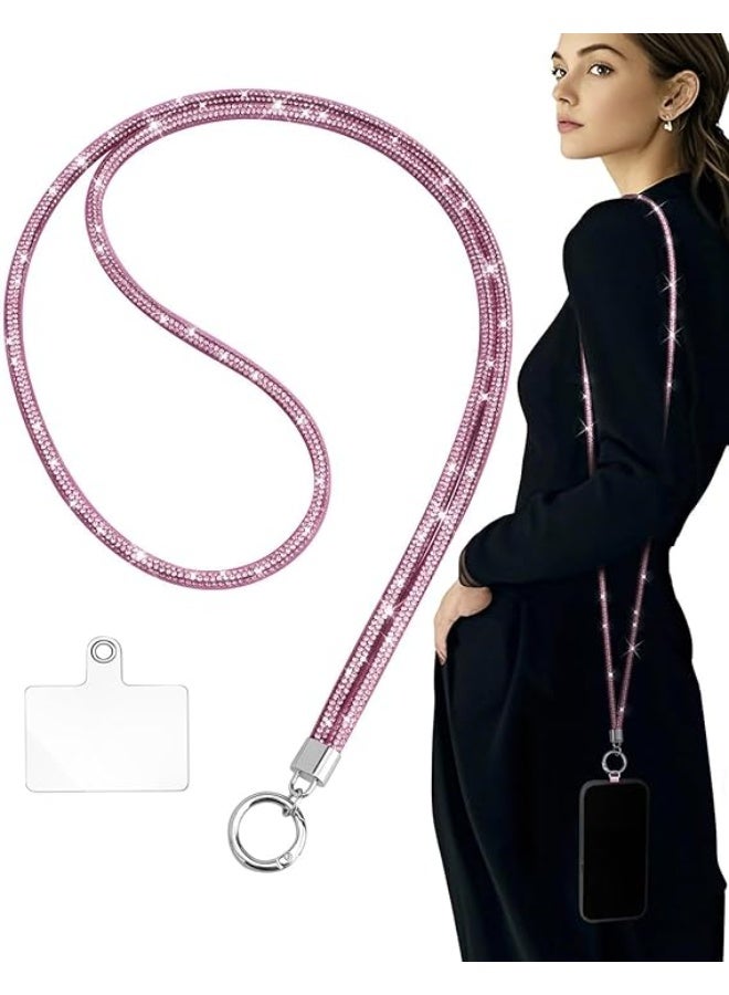 تين تك سلسلة موبايل عالمي كروس بودي مزينة بأحجار الراين ومقاومة للسرقة لامعة ووسادة تثبيت لمعظم الموبايلات وحامل رقبة مرصع بالألماس للنساء من تين تك – زهري - Image 1