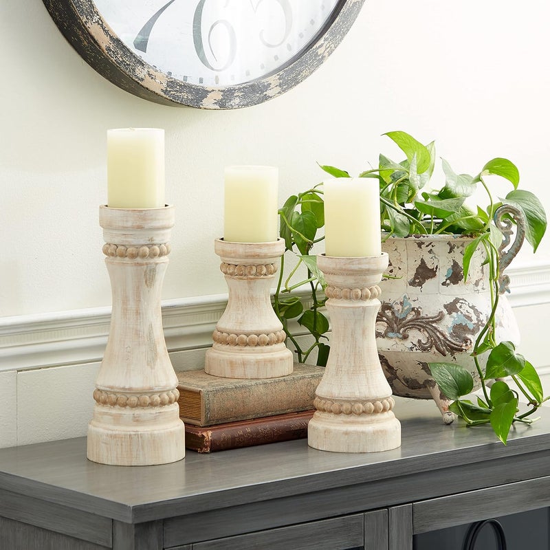 Deco 79 Wood Solid Candle Holder, Set of 3 12", 9", 7"H, Cream - Image 1