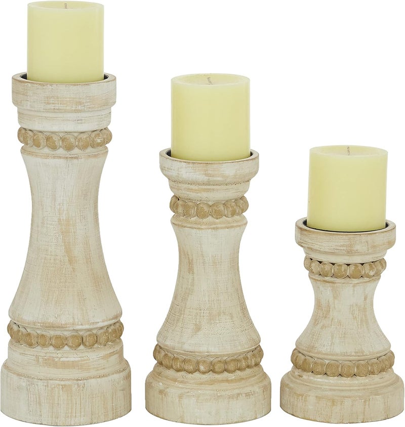 Deco 79 Wood Solid Candle Holder, Set of 3 12", 9", 7"H, Cream - Image 2