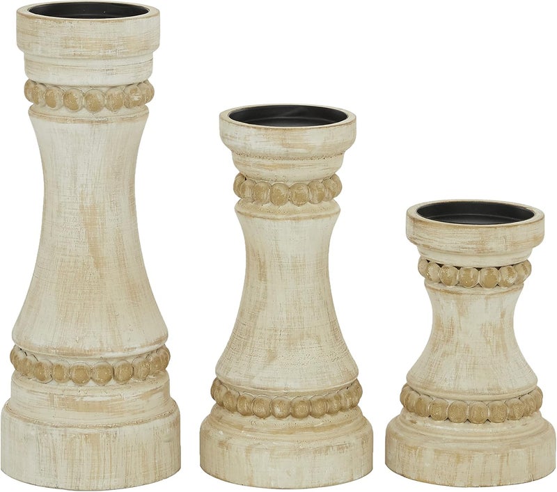 Deco 79 Wood Solid Candle Holder, Set of 3 12", 9", 7"H, Cream - Image 3