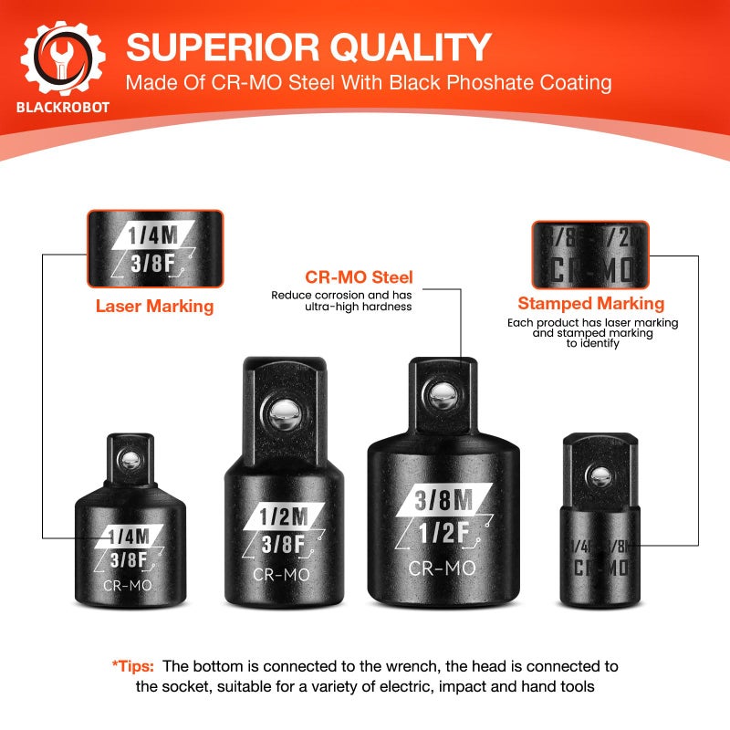BLACKROBOT 4 Piece Impact Socket Adapter Set, 1/4" 3/8" 1/2" SAE Drive Socket Adapter Set, Square Adapter and Reducer Conversion Set for Impact Driver Wrench, Cr-Mo Steel - Image 5