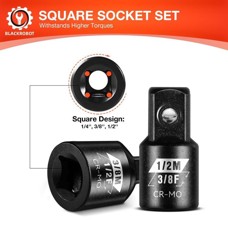 BLACKROBOT 4 Piece Impact Socket Adapter Set, 1/4" 3/8" 1/2" SAE Drive Socket Adapter Set, Square Adapter and Reducer Conversion Set for Impact Driver Wrench, Cr-Mo Steel - Image 4