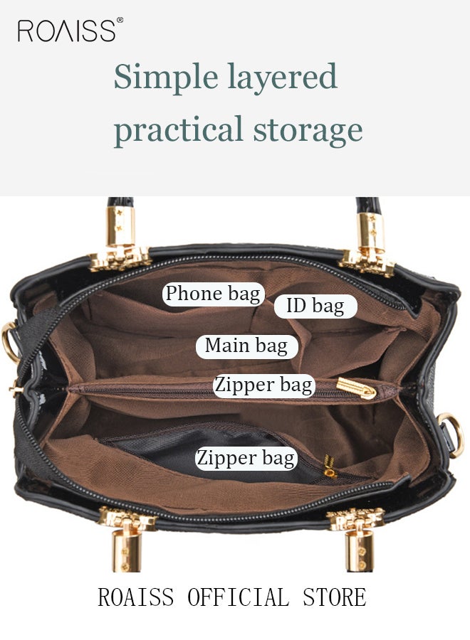 roaiss Women Shoulder Bag Fine PU Leather Smooth Zipper Large Capacity Multilayer Space Quality Inside Portable Waterproof Crossbody Handbag Tote Bag Black Multiple Carrying Methods  - Image 4