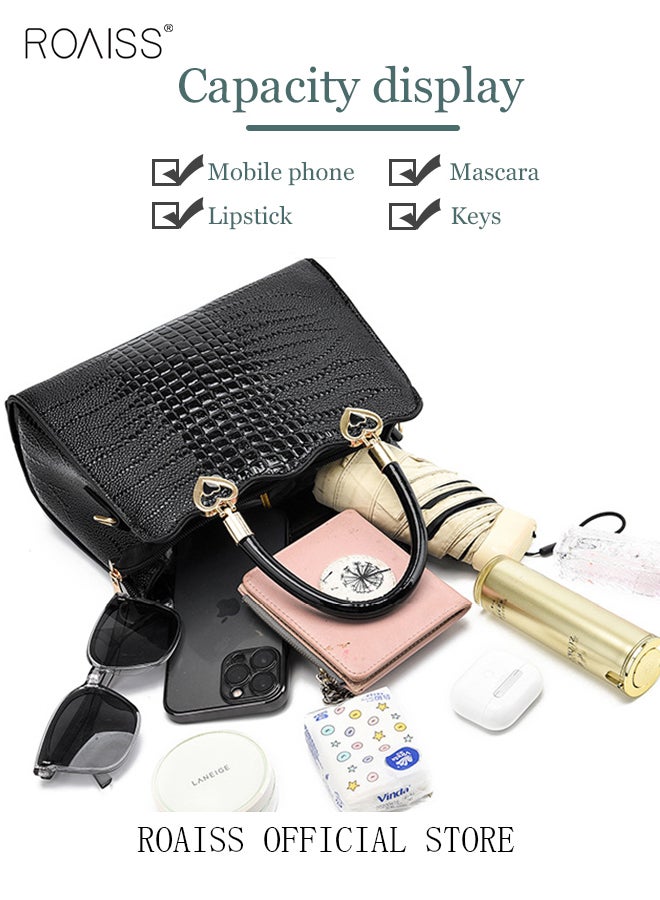 roaiss Women Shoulder Bag Fine PU Leather Smooth Zipper Large Capacity Multilayer Space Quality Inside Portable Waterproof Crossbody Handbag Tote Bag Black Multiple Carrying Methods  - Image 5