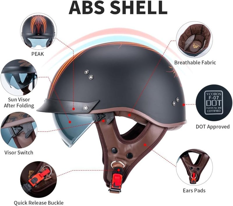 VCOROS Half Helmet Motorcycle DOT Approved Open Face Helmet with Sun Visor and Quick Release Buckle for Adults Men and Women (Angel, XL) - Image 2