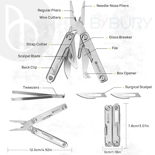 BIBURY Mini Multitool Pliers BI2051A, Mini Pocket Pliers with Window Breaker, Seat Belt Cutter, Bottle Opener for Outdoor Survival, EDC Multi Tool with Pocket Clip, Gifts for Men and Women - Image 2