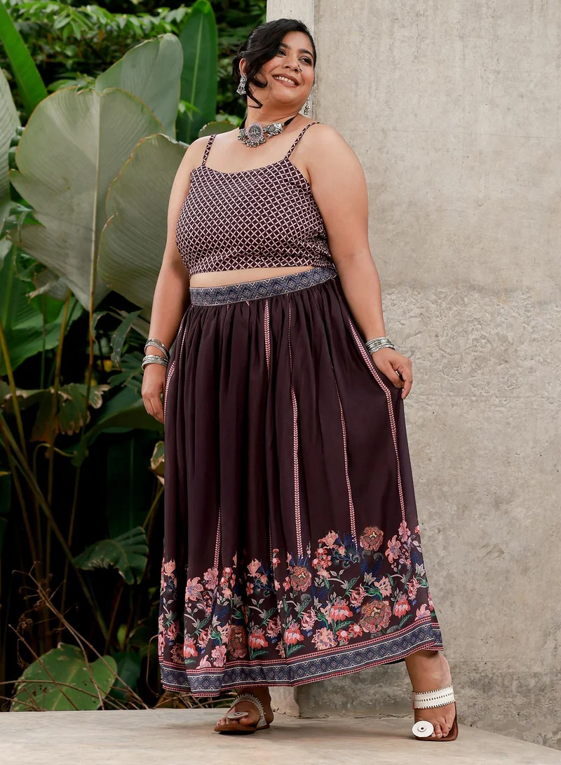 Instafab Plus Women's Geometrical-Flora Co-Ord Set For Ethnic Wear | Open-Front Neck, Regular Sleeves | Geometric Print Woven Fabric | 3 Piece Co-Ords Designed For Evening & Party Wear | Burgundy Red