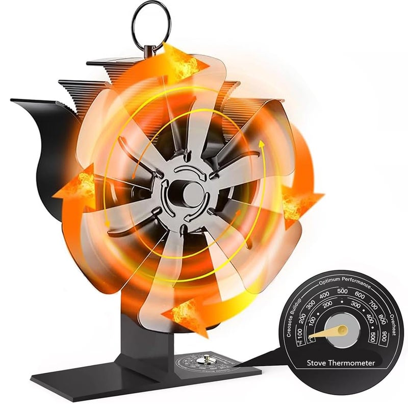AmzWorld Wood Stove Fan Heat Powered Newly Upgrade 6 Blade Wood Heater Fan Comes with Builtin Thermometer Non Electric Fireplace Fan for WoodLog Burner