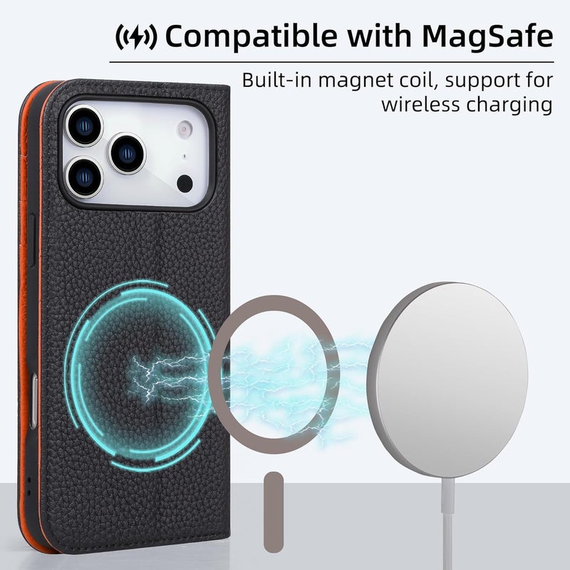 VISOUL Genuine Leather Wallet Case for iPhone 17 Pro 6.3-inch 5G 2025, RFID Blocking, Magnetic, Wireless Charging, 3 Card Holders, Kickstand, Shockproof TPU Shell, Protective-Black+Orange - Image 5