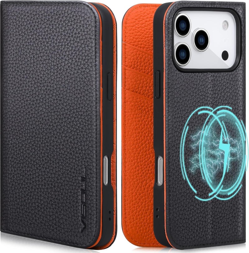 VISOUL Genuine Leather Wallet Case for iPhone 17 Pro 6.3-inch 5G 2025, RFID Blocking, Magnetic, Wireless Charging, 3 Card Holders, Kickstand, Shockproof TPU Shell, Protective-Black+Orange - Image 1