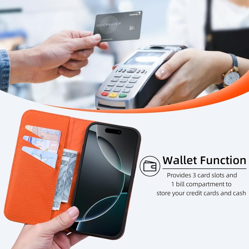 VISOUL Genuine Leather Wallet Case for iPhone 17 Pro 6.3-inch 5G 2025, RFID Blocking, Magnetic, Wireless Charging, 3 Card Holders, Kickstand, Shockproof TPU Shell, Protective-Black+Orange - Image 3