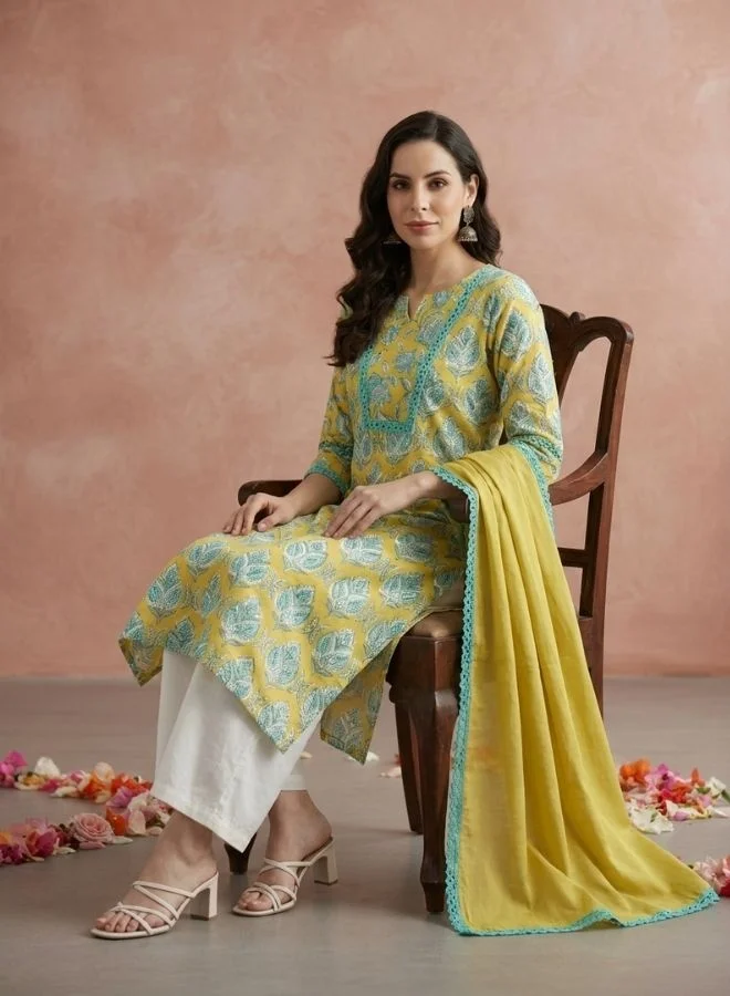 Yuris  Yuris Women Lime Green Ethnic Motifs Printed Pure Cotton Kurta with Palazzos  With Dupatta for Women | Best Price UAE