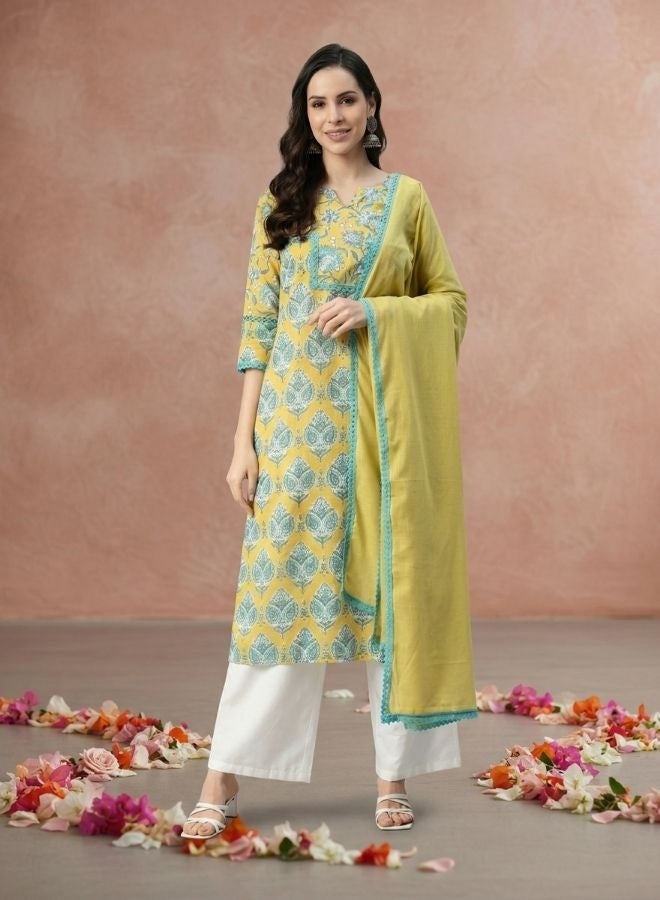 Yuris Women Lime Green Ethnic Motifs Printed Pure Cotton Kurta with Palazzos  With Dupatta - Image 1