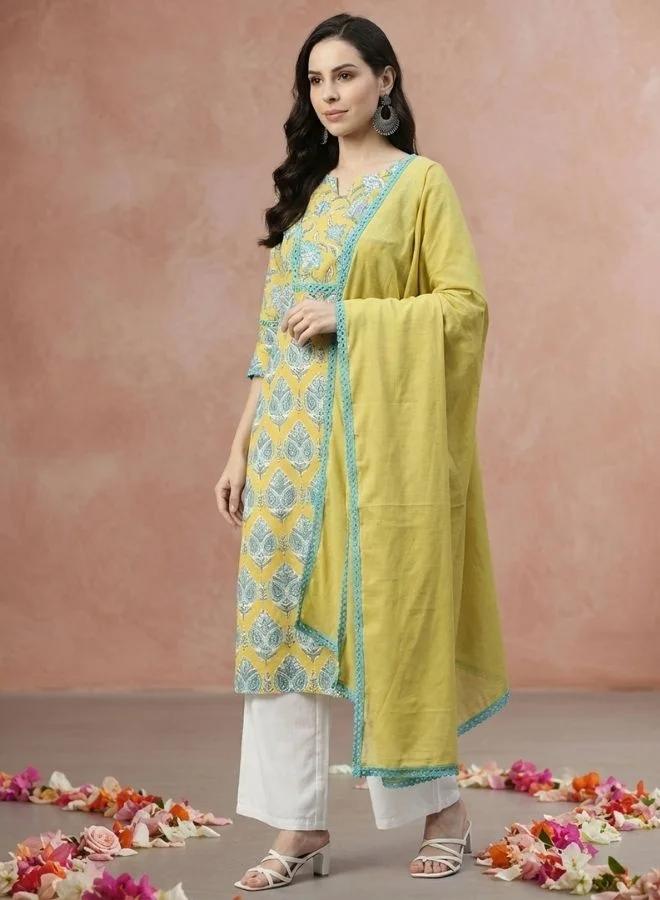 Yuris  Yuris Women Lime Green Ethnic Motifs Printed Pure Cotton Kurta with Palazzos  With Dupatta for Women | Best Price UAE