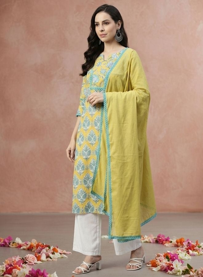 Yuris Women Lime Green Ethnic Motifs Printed Pure Cotton Kurta with Palazzos  With Dupatta - Image 4