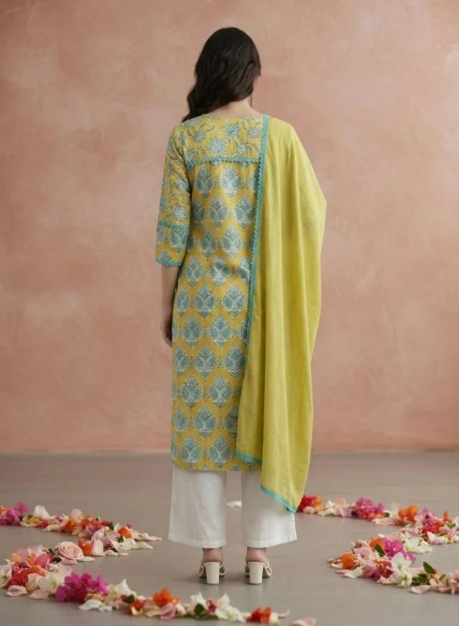Yuris  Yuris Women Lime Green Ethnic Motifs Printed Pure Cotton Kurta with Palazzos  With Dupatta for Women | Best Price UAE