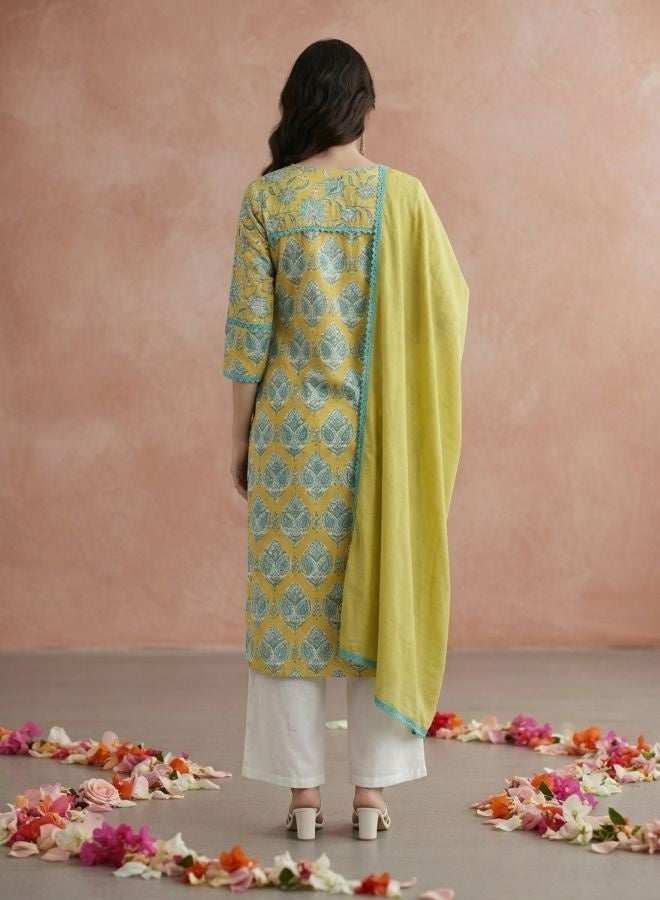 Yuris Women Lime Green Ethnic Motifs Printed Pure Cotton Kurta with Palazzos  With Dupatta - Image 5