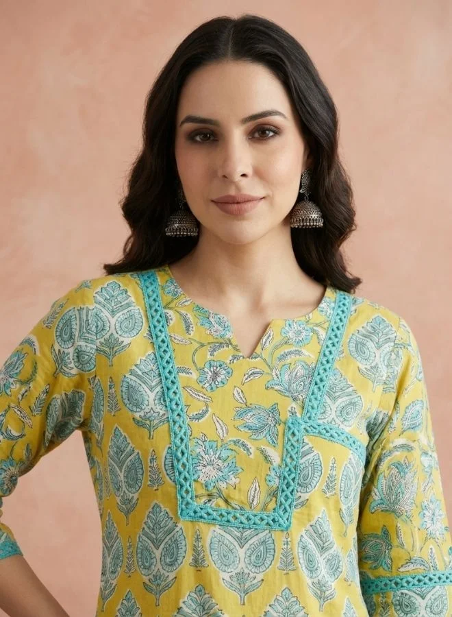 Yuris Yuris Women Lime Green Ethnic Motifs Printed Pure Cotton Kurta with Palazzos  With Dupatta