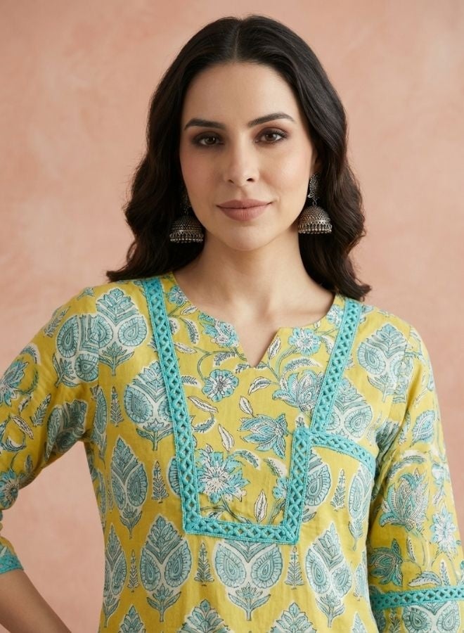 Yuris Women Lime Green Ethnic Motifs Printed Pure Cotton Kurta with Palazzos  With Dupatta - Image 2